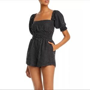 WeWoreWhat Smocked Linen Stylish Romper Jumpsuit  Polka Dot Black White Medium